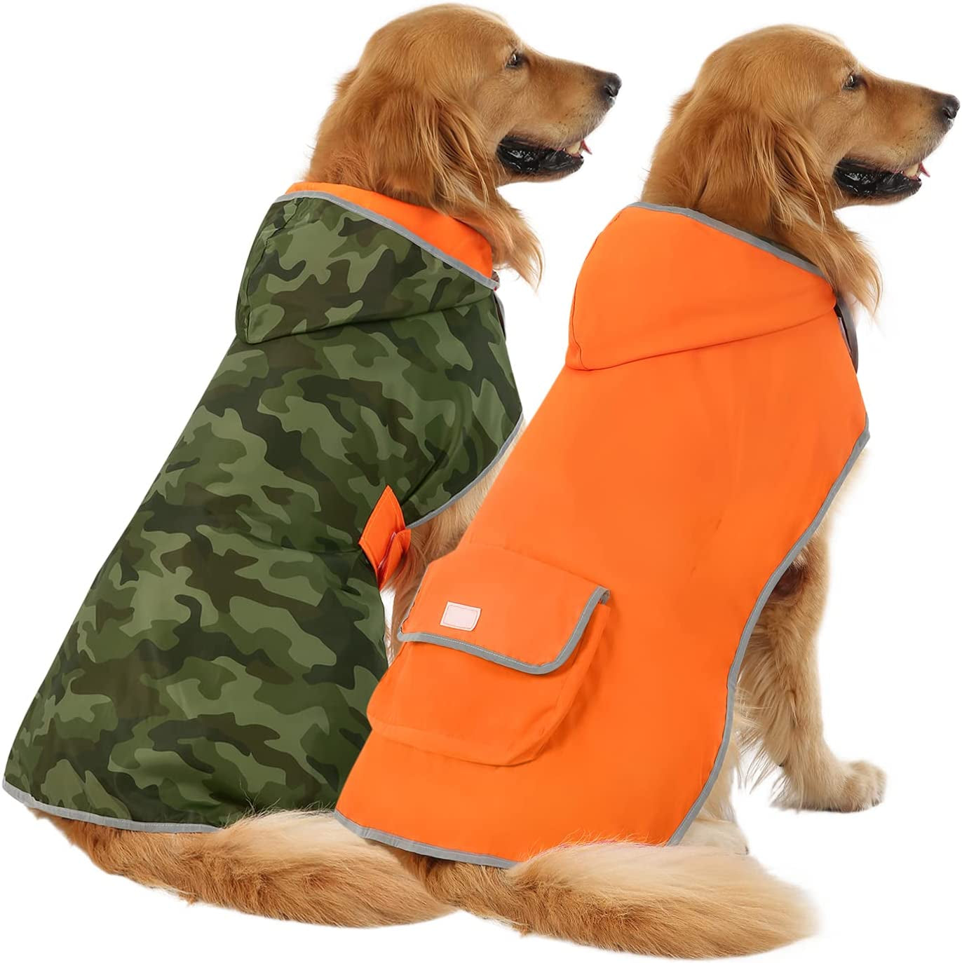 Reversible Dog Raincoat Hooded Slicker Poncho Rain Coat Jacket for Large Dogs Camo Orange - L