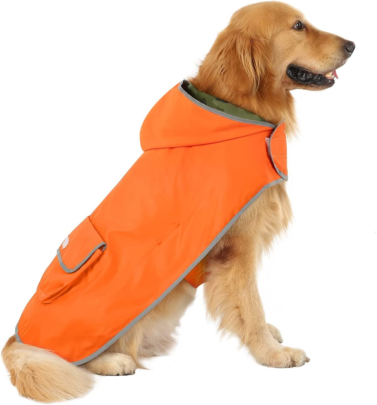 Reversible Dog Raincoat Hooded Slicker Poncho Rain Coat Jacket for Large Dogs Camo Orange - L