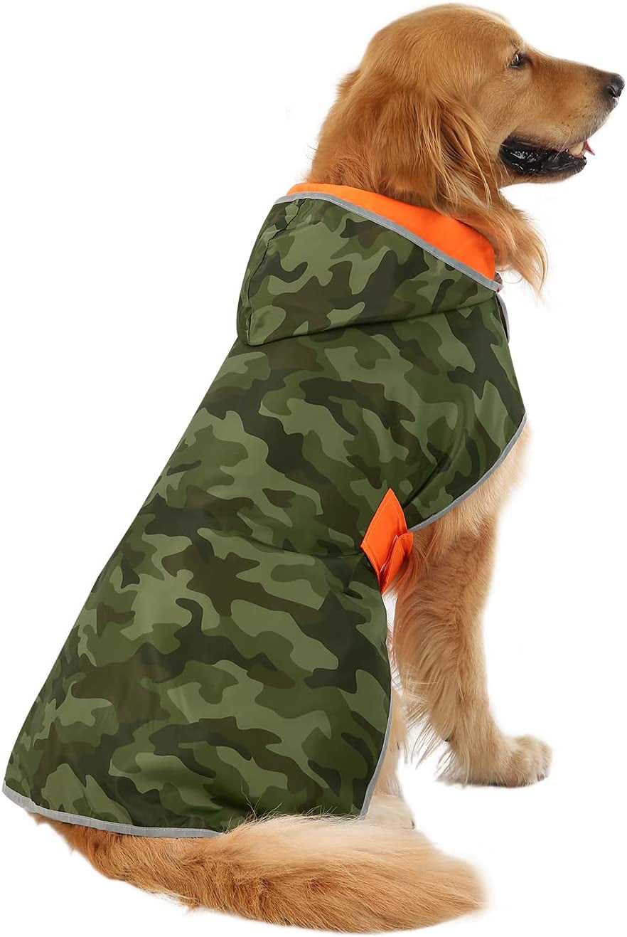 Reversible Dog Raincoat Hooded Slicker Poncho Rain Coat Jacket for Large Dogs Camo Orange - L