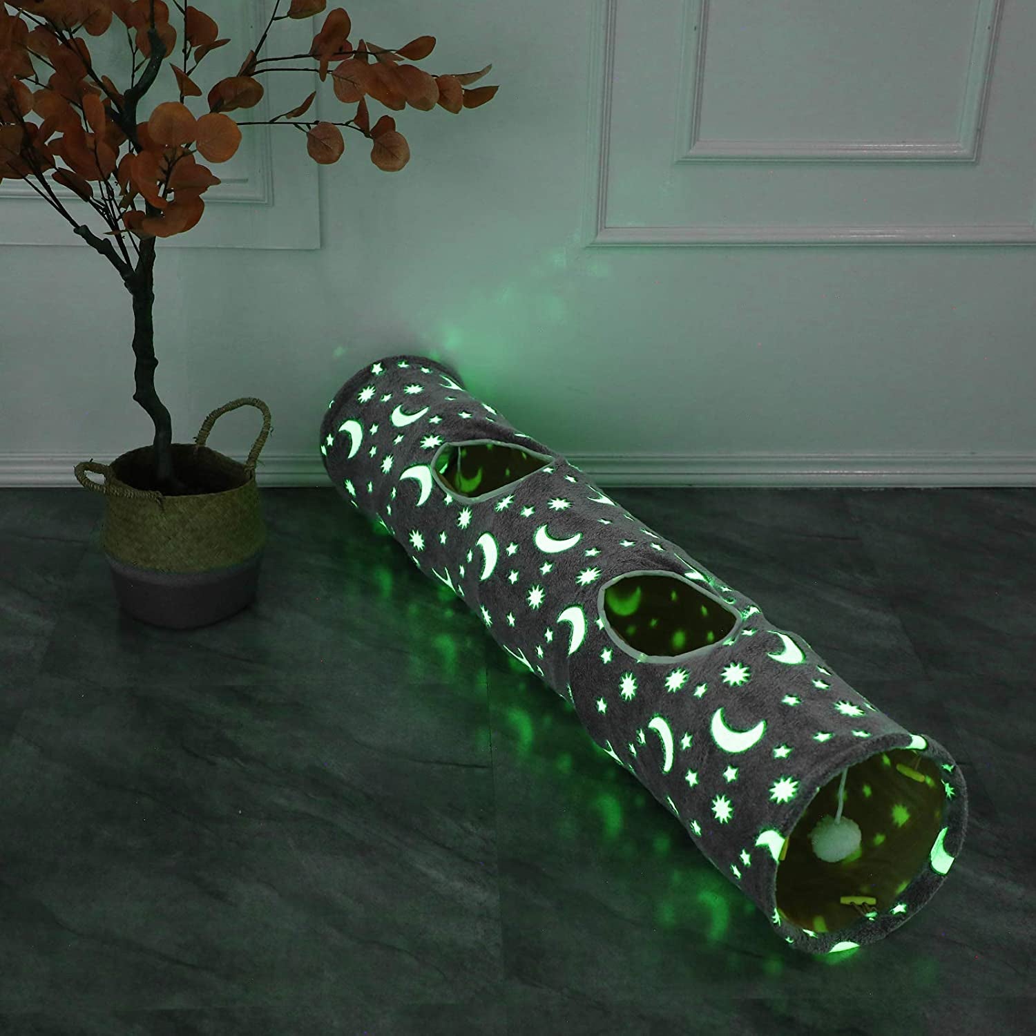 Cat Tunnel Tube with Plush Ball Toys Collapsible Grey Moon Star