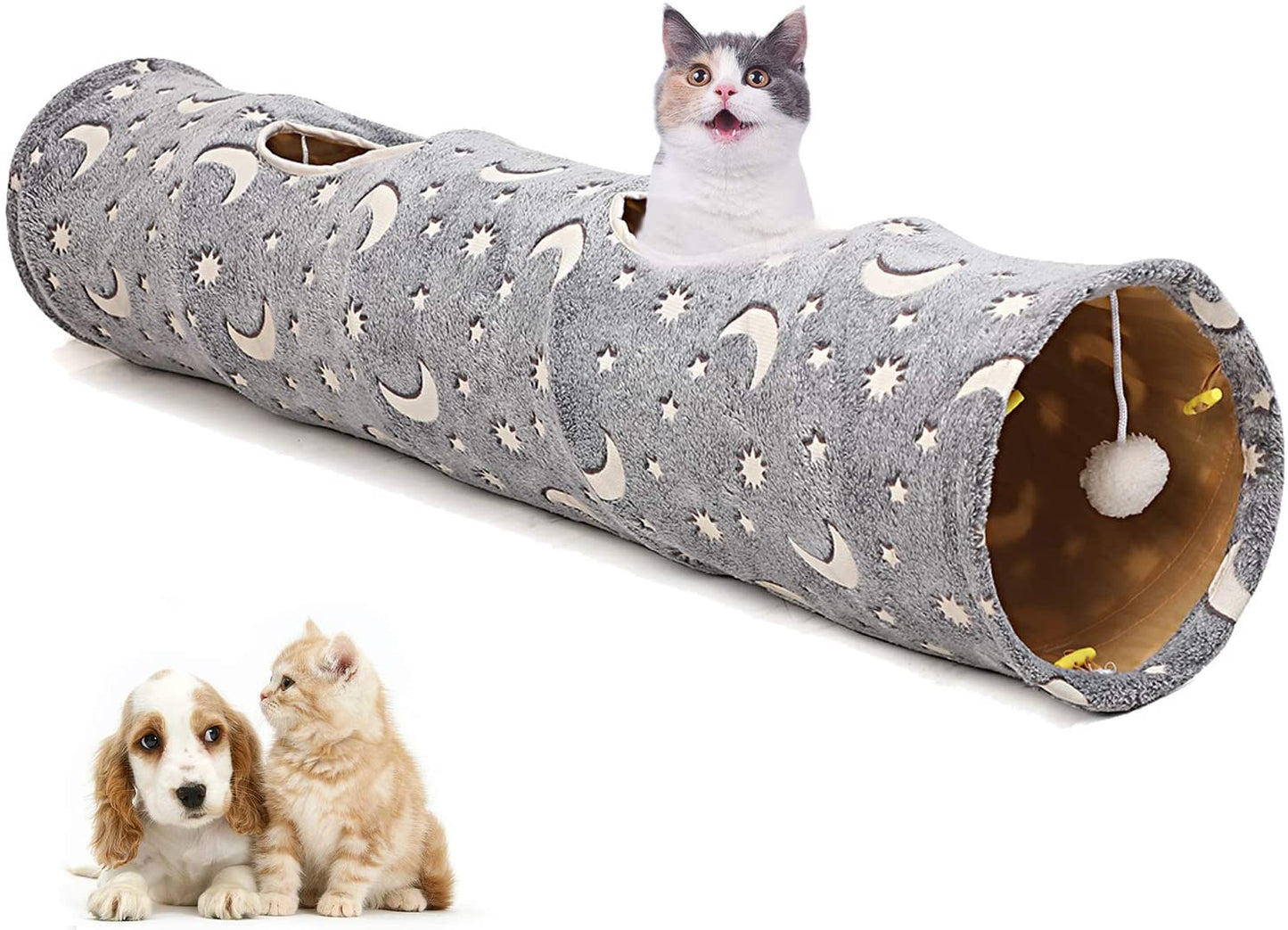 Cat Tunnel Tube with Plush Ball Toys Collapsible Grey Moon Star