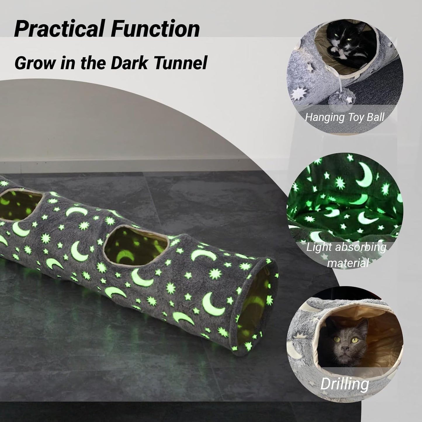 Cat Tunnel Tube with Plush Ball Toys Collapsible Grey Moon Star