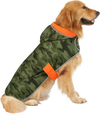 Reversible Dog Raincoat Hooded Slicker Poncho Rain Coat Jacket for Large Dogs Camo Orange - L